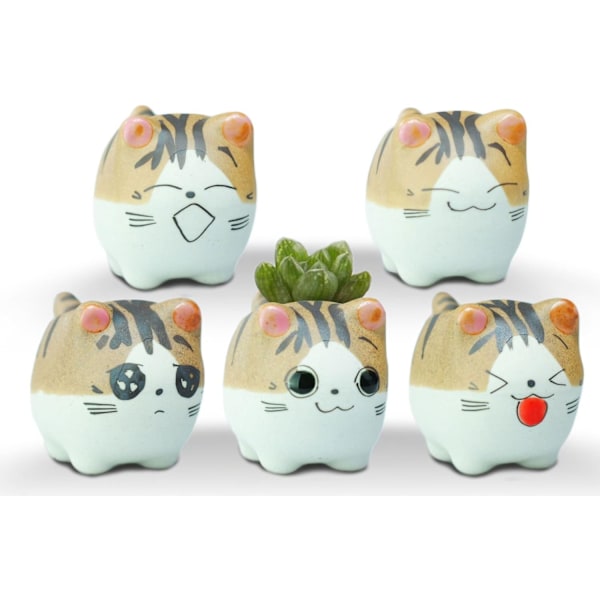 Original Design Handgjorda Mini Söta Tecknade Keramik Succulent Krukor Planteringskärl Katt, med Dräneringshål, Blomkruka, Keramiska Prydnader Kattgåvor för Katt