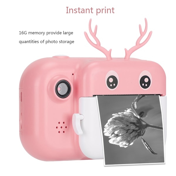 Printkamera för barn, Instant Portabel Termisk 1080P Dubbel Linser 2.4 tum 16G Leksakskamera Rosa