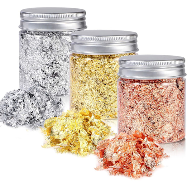 Imitation Guldfolieflingor, Livfulla Färger Harts Smyckestillverkning Metallblad för Hantverk, Glänsande Texturerad Effekt Icke-Bleknande Icke-Oxiderande 3 Flaskor