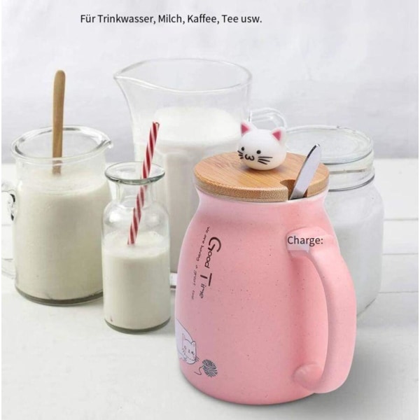 Kattkopp keramik kaffekopp med lock, rostfritt stål sked, 450ML