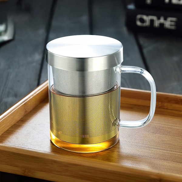 Glas Tekopp för Bryggning Hemma och på Kontoret, Sil i Rostfritt Stål med Lock, Borosilikatglas Tål Extrema Temperaturer