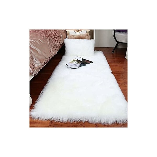 Faux fårskinn ullmatta, imitation fleece matta fluffig mjuk långhårig dekorativ stolskudde soffmatta (50x150cm - rektangulär, vit) Vit