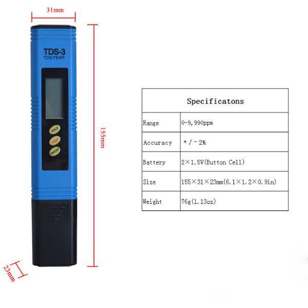 PH-mätare TDS EC PH temperatur 4 i 1 set, vattenkvalitetstestare med hög noggrannhet, pooltestare vattentestare med LCD-display, digital TDS