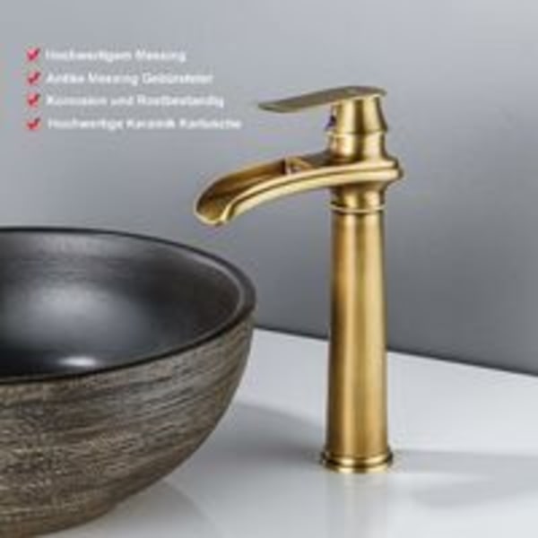 Antik hög badrumskran Retro vattenfall handfat kran Mässing handfat Enhandtag badrumskran Hög pip badrum blandare kran