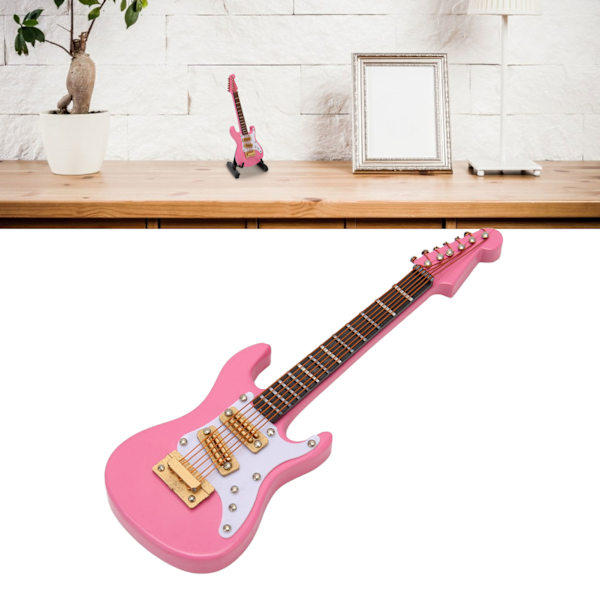10cm Mini Gitarr Ornament Display Fäste Förvaringslåda Musikinstrument Gitarr Modell för Dockhus Rosa