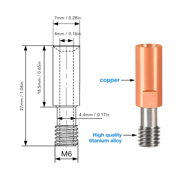 2 st 3D-skrivarhalsmunstycke Ti-legering Koppar Bimetall för Ender 3 3 V2 3 Pro Hotend 4,1 mm Genomgående Hål