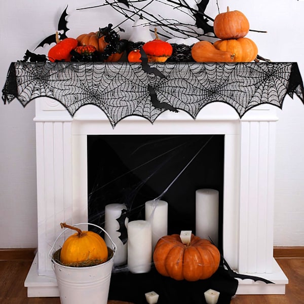 Halloween Spindlar Nät Eldstad Dekoration Svart Spets Spindlar Nät Matbord$Halloween Spets Spindlar Nät Fest Dekoration Duks$Halloween Spets Spindlar Nät