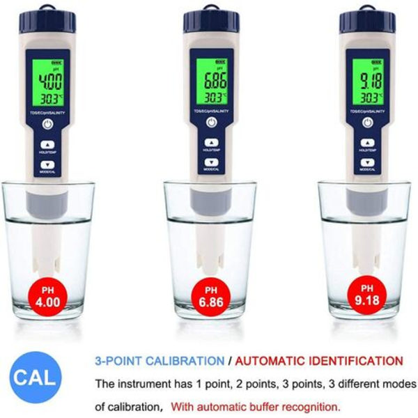 5-i-1 elektronisk PH-mätare testare, mäter Ph & TDS & EC salthalt & temperatur vattenkvalitetstestare, LCD-display och läsnoggrannhet, för dricksvatten