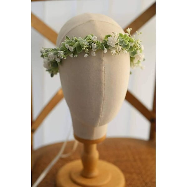 Brudhårkrans med sidenblommor, Böhmisk blomsterkrans med handgjord blomsterkrans, Justerbar blomsterkrona för fotorekvisita med gröna blad