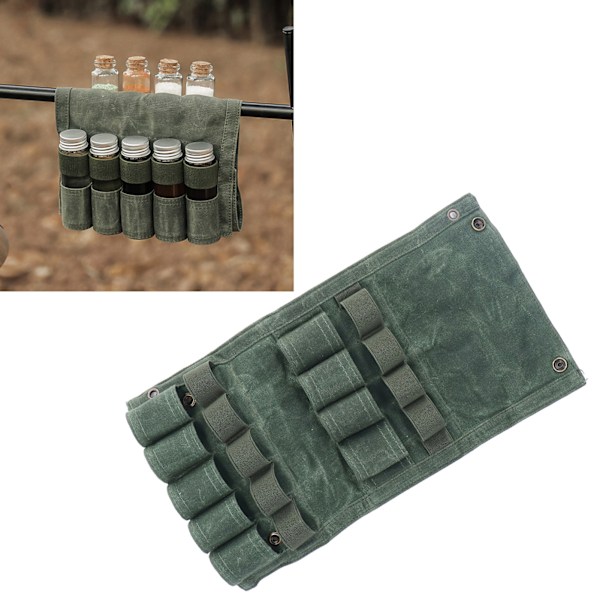 Kryddflaska väska hopfällbar bärbar canvas utomhus kryddburk hållare för camping grill picknick OD grön