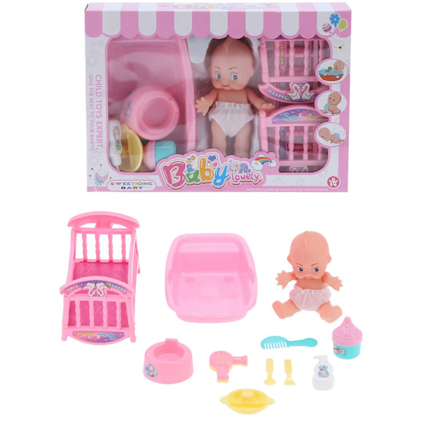 Baby Doll Säng Set med Dockbad Badtillbehör Baby Dolls Presentset för Flickor