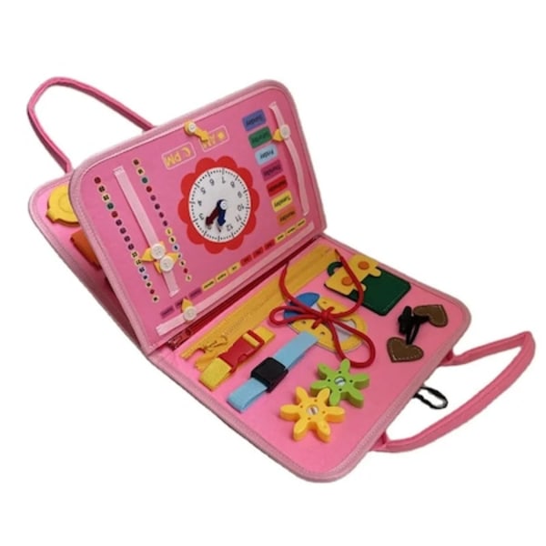 Sensorisk interaktiv leksak, Busy Board-textil, Montessori, Bok av väska, För resor, rosa