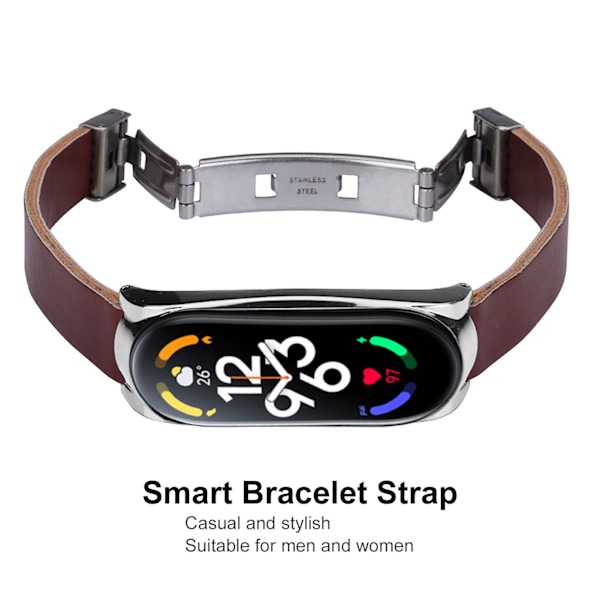Rostfritt stål PU-läderrem med stötfångarskydd Smartwatch ersättningstillbehör Passar för Mi Band 7 Brun och silver