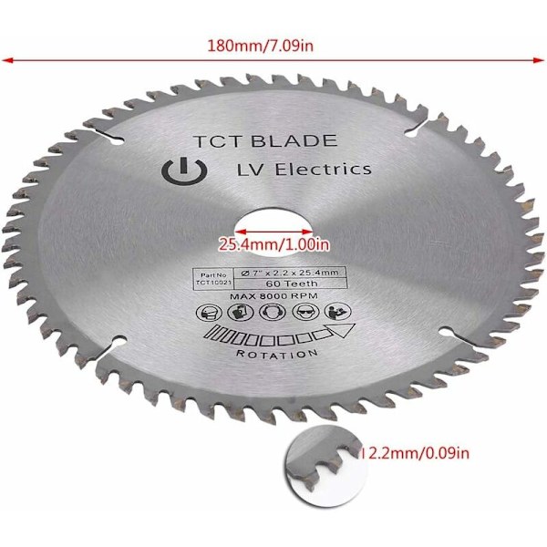 Cirkelsågblad 180 mm 60 tänder volframkarbid för stål, aluminium, trä, plast