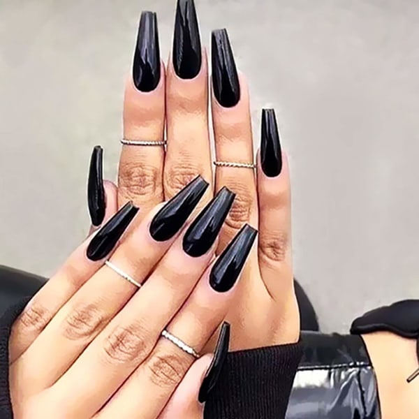 24 st Press on Nails Kista för kvinnor, extra långa falska naglar lim på naglar, lösnaglar med lim (svart)
