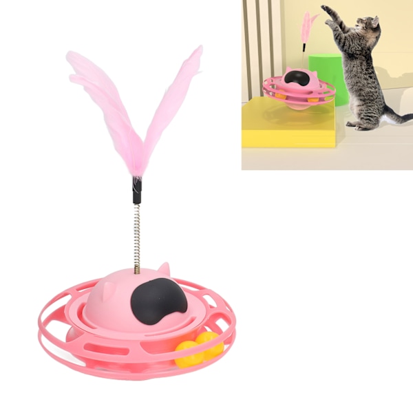 Katt skivspelare leksak 360 graders rotation lindra tristess intressant interaktiv katt leksak med fjäder för katt tillbehör rosa