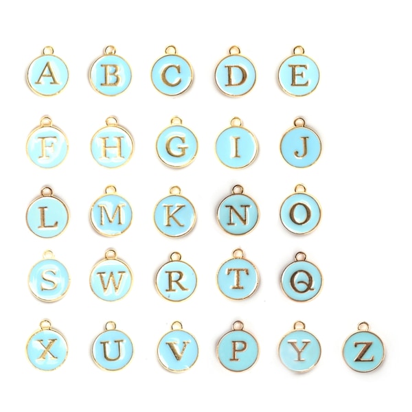 26 st / påse DIY engelska bokstavsberlock i metall runt berlock för smyckestillverkning CraftSky Blue