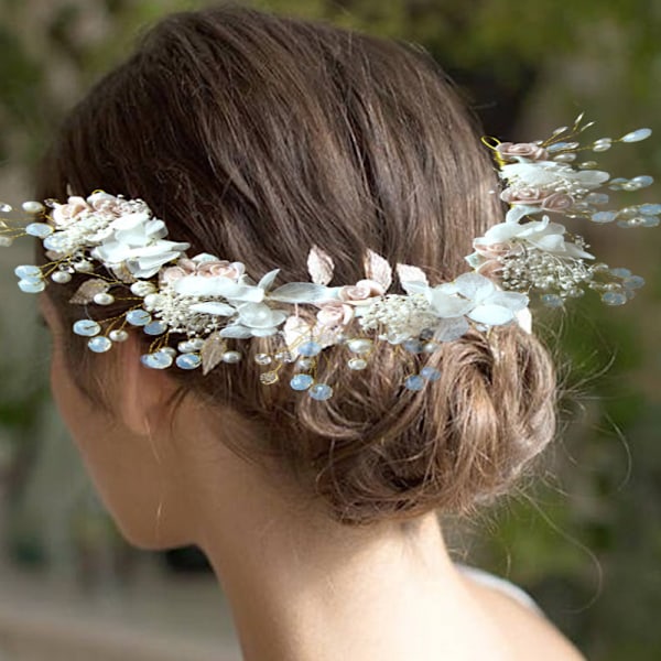 Bröllop Förlovning Tillfällen Accessoar, Justerbar Flexibel Pärlblomma Strass Tiara för Brudar & Blomsterflickor, Fri Frisyr för Födelsedag