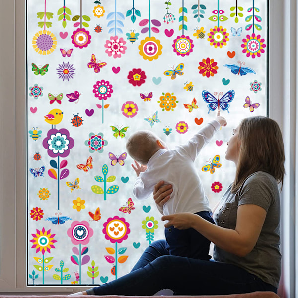 Färgade Blommor Fönsterdekal, Vårdekaler för Barn, Självhäftande Starka Blomdekaler, Flyttbara Dekorationer för Fönster, Barnrum