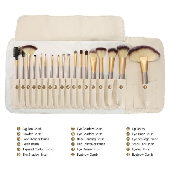 18 st professionella kosmetiska sminkborstar verktyg kosmetiska sminkborstar set med rullväska i PU-läder, trähandtag
