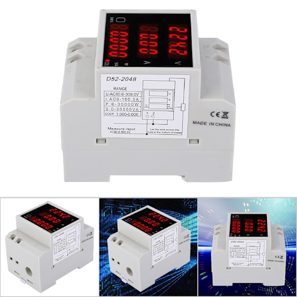 D52-2048 Multifunktionsmätare för DIN-skena med digital display för AC-spänning, ström, effektfaktor - AC80~300V 100A