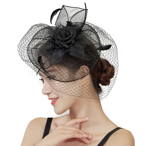 Svart dam slöja hatt bröllop brud fågelbur fascinator fjäder hår accessoar