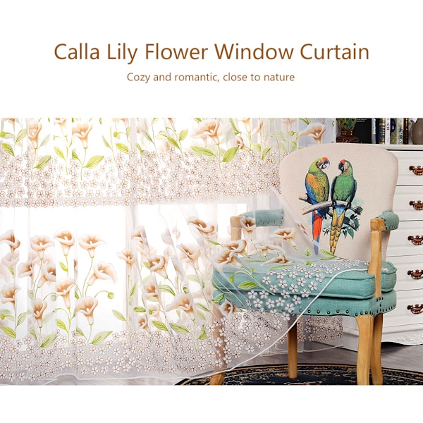 1*2m Calla Lily Blommönster Fönstergardin Transparent Hus Dekorativ Genomskinlig Drapering(Kaffebrun)