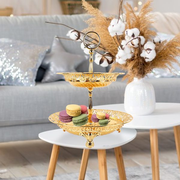 2-vånings fruktfat i metall, rund, guldpläterad, vacker serveringsbricka för cupcakes, för hem- och bröllopsdekoration