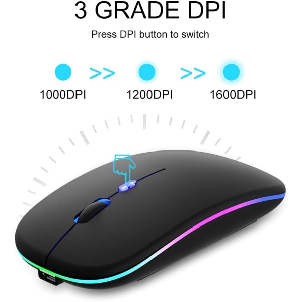 Trådlös LED-mus, uppladdningsbar 2,4G tyst mus, Bluetooth 5.1 bärbar USB-mus, 3DPI justerbar svart