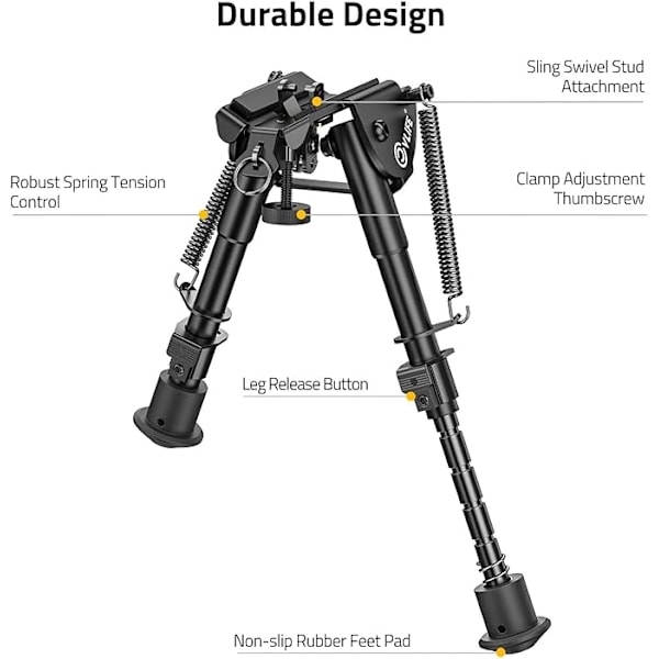 Mångsidig Gevärs Bipod, Flygplansklassad Aluminium Snabb Utfällbar Bipod med Icke-Rostande Svart Anodiserad Finish för Picatinny Rail Gevär (6-9 Tum)