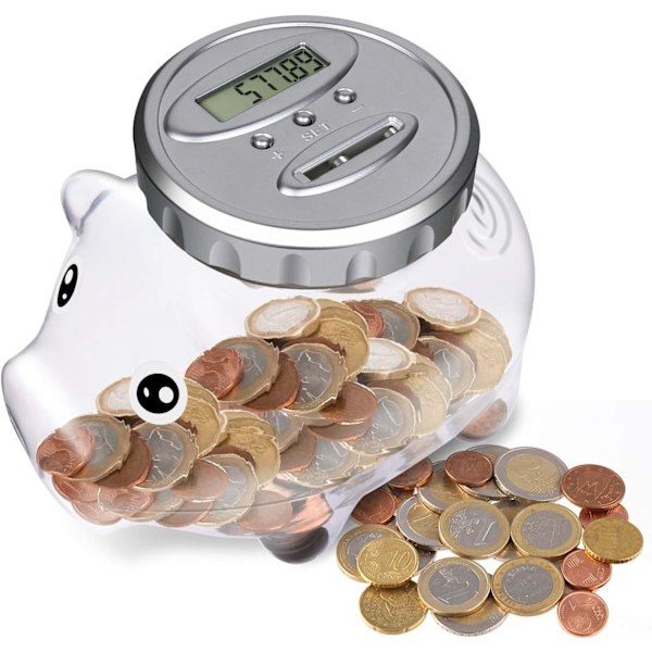 Bedårande spargris, automatisk mynträknare med HD LCD-skärm, stor genomskinlig sparbössa för alla euro-mynt, perfekt söt spargris