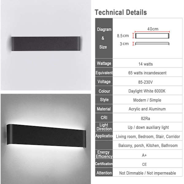 Svart LED-vägglampa inomhus 14W vägglampa kall vit 6000K modern design väggbelysning för sovrum vardagsrum trappor korridor 220V