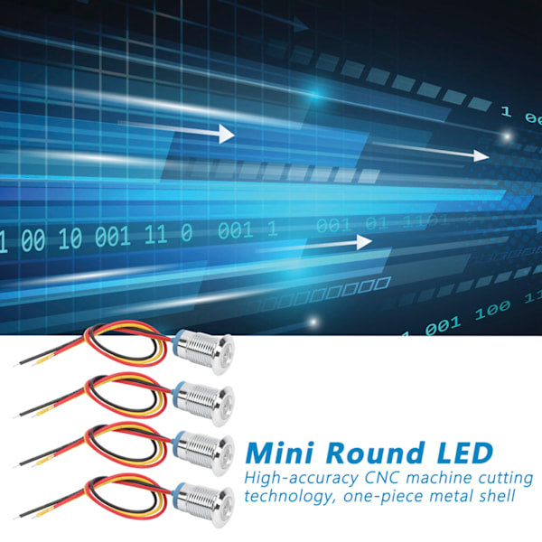 4 Set PreWired Runda LED-lampor Vattentäta Metall 2-färgsindikatorer Gemensam Katod 12mm 1224V (Röd och Gul)