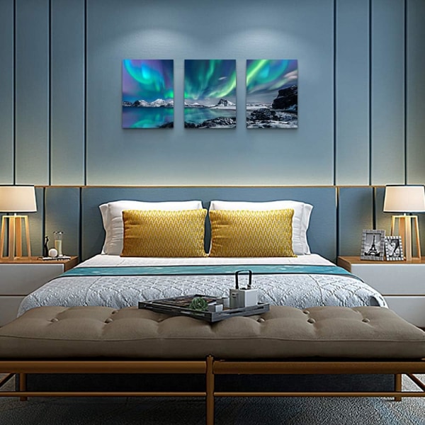 Bondehus Väggkonst Aurora Landskapsmålning på Canvas Väggdekorationer för Vardagsrum Sträckta och Inramade Canvasmålningar 3 Delar Sovrum Badrum