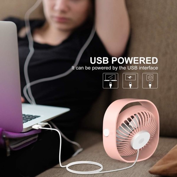 USB-bordsfläkt, 4,8 tum mini-skrivbordsfläkt Använd med 1,2 meter kabel, bärbar och personlig för hem och kontor Tyst och kraftfull, rosa