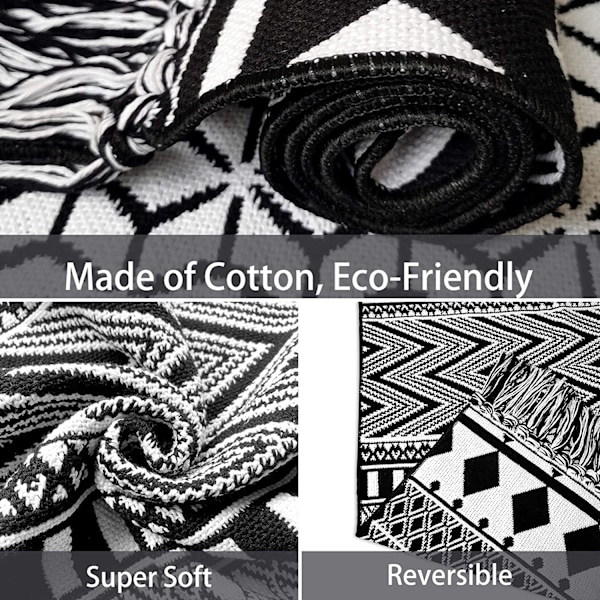 Badrumsmatta med tofs, 2'x3', 100 % vävd svart geometrisk matta Helt vändbar, bomull Maskintvättbar Boho utomhusmatta för kök i sovrummet