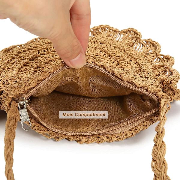 Halm Crossbody-väska, Dam Axelväska Retro Svampsnör Halmväska Casual Vävd Väska Kvinnor Axel Slung Strandväska Handväska(Ljusbrun)