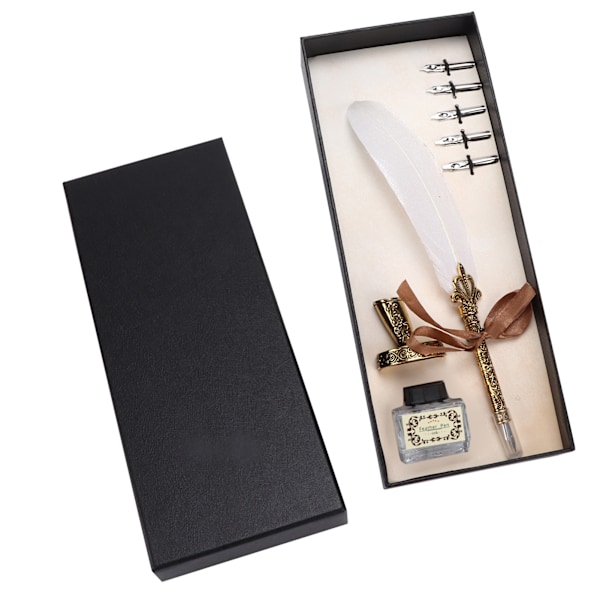 Elegant Kalligrafi Fjäderpenna Set, Antik Fjäderpenna för Gotisk &amp; Italiensk Kalligrafi, Kompletta Tillbehör Inklusive 5 Metallspetsar &amp;