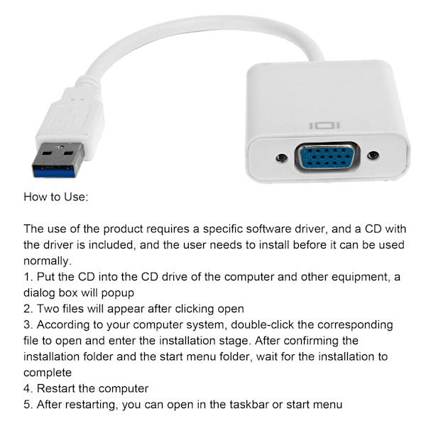 USB3.0 till VGA-omvandlare 5Gbps HD 1080P Adapterkabel 15Pin Hona Extern Videokort Vit
