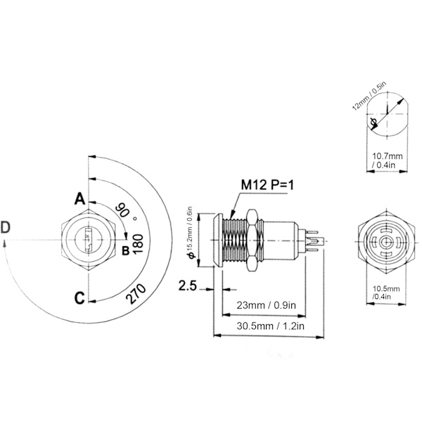10 st Nyckelströmbrytare Fat Metall ONOFF Strömspärr Rostfritt Stål med Nyckelmutter 12mm AC DC220V (Enkel Dragning)