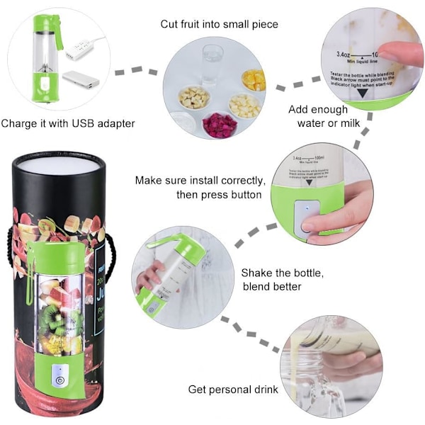 Bärbar USB Laddningsbar Fruktmixer, Mini Mixer för Smoothie, Milkshake, Fruktjuice, Bärbar Mixer 350-420ml 6 Blad för Sport och