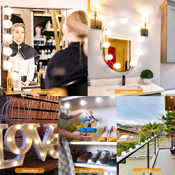 LED-spegellampa, Hollywood-lampor med strömbrytare 3 färger och 10 dimbara för sminkbord, sminklampa, spegellampa för smink