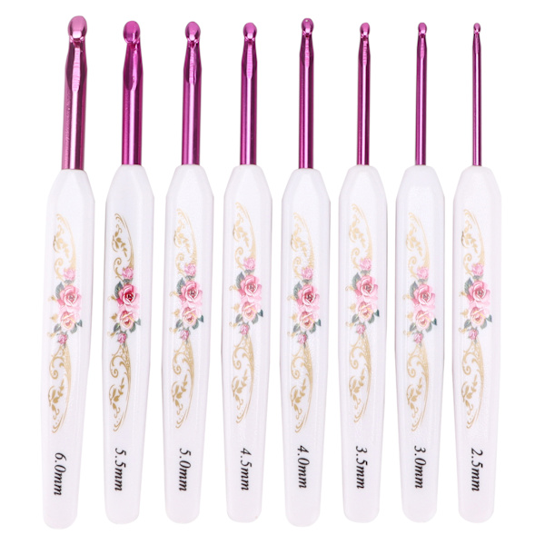Virka krokar 8 st Mjuka halkfria bra grepp stickningsnålar set med märke för vävning Hembruk(Safflower Porcelain Pack of 8 )