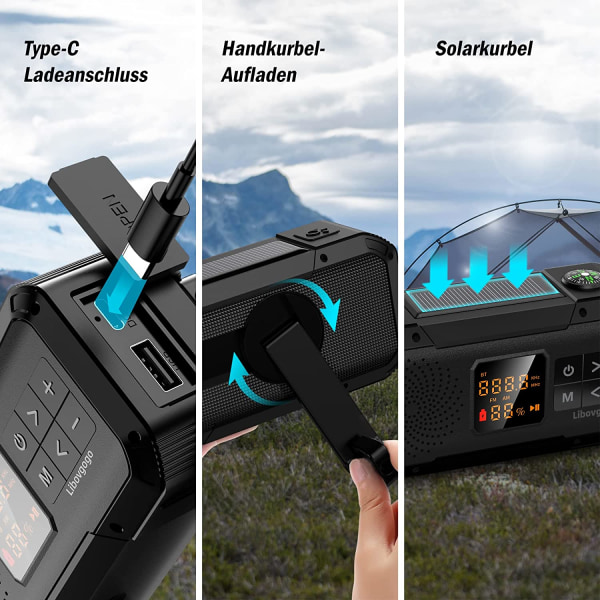 Uzoli Crank Radio Nödradio Solar Radio Bärbar Dynamo Radio med 3000 mAh batteri AM FM Bluetooth Torch SOS Alarm USB Power Bank Mobiltelefon