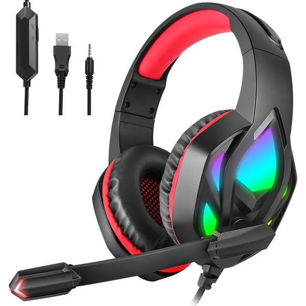 Gaming Headset, Over-Ear Gaming Hörlurar med brusreducerande mikrofon, Stereo Bas Surround Sound, Mjukt minne hörlurar LED-ljus PS4 Gaming Headset