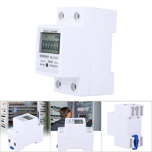 DDS2626 2P Enfasig Elektronisk Energimätare LCD-Display DIN-Skena KWH Strömmätare 10（40）A(Manuell Nollställning Bakgrundsbelyst Display)
