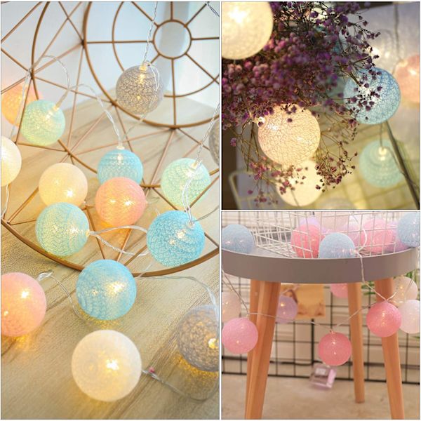 Ljusslinga med bomullsbollar, batteridriven, 3M 20 LED-boll ljusslinga, inomhusvägglampa, julbelysning, dekoration för fester, trädgårdar,