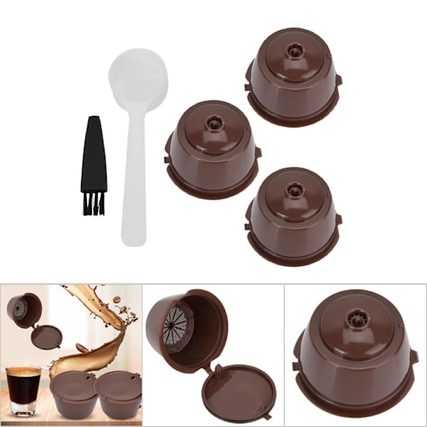 Återanvändbara och påfyllningsbara kaffekapslar med filterkoppar, set med skedborste (3 kaffekapslar)