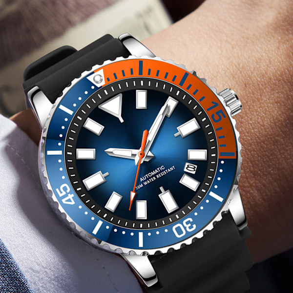 Herr Kronografklocka Roterbar Bezel Självuppdragande Automatisk Urverk Vattentät Lyxig Stor Urtavla Legering Luminous Analog Klocka Svart Orange