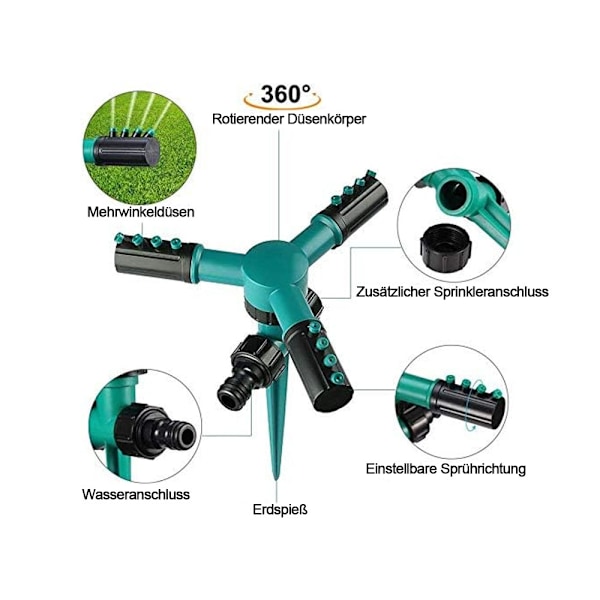 Gräsmatta sprinkler sprinkler 360 grader trädgård sprinkler 3 arm vatten sprinkler
